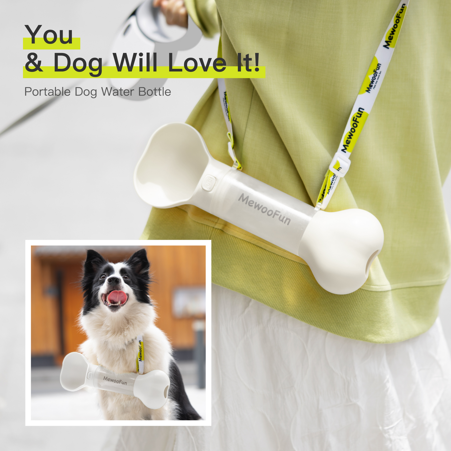 Mewoofun Travel Dog Water Bottle & Feeder – 2-in-1 Leak-Proof with Poop Bag Holder