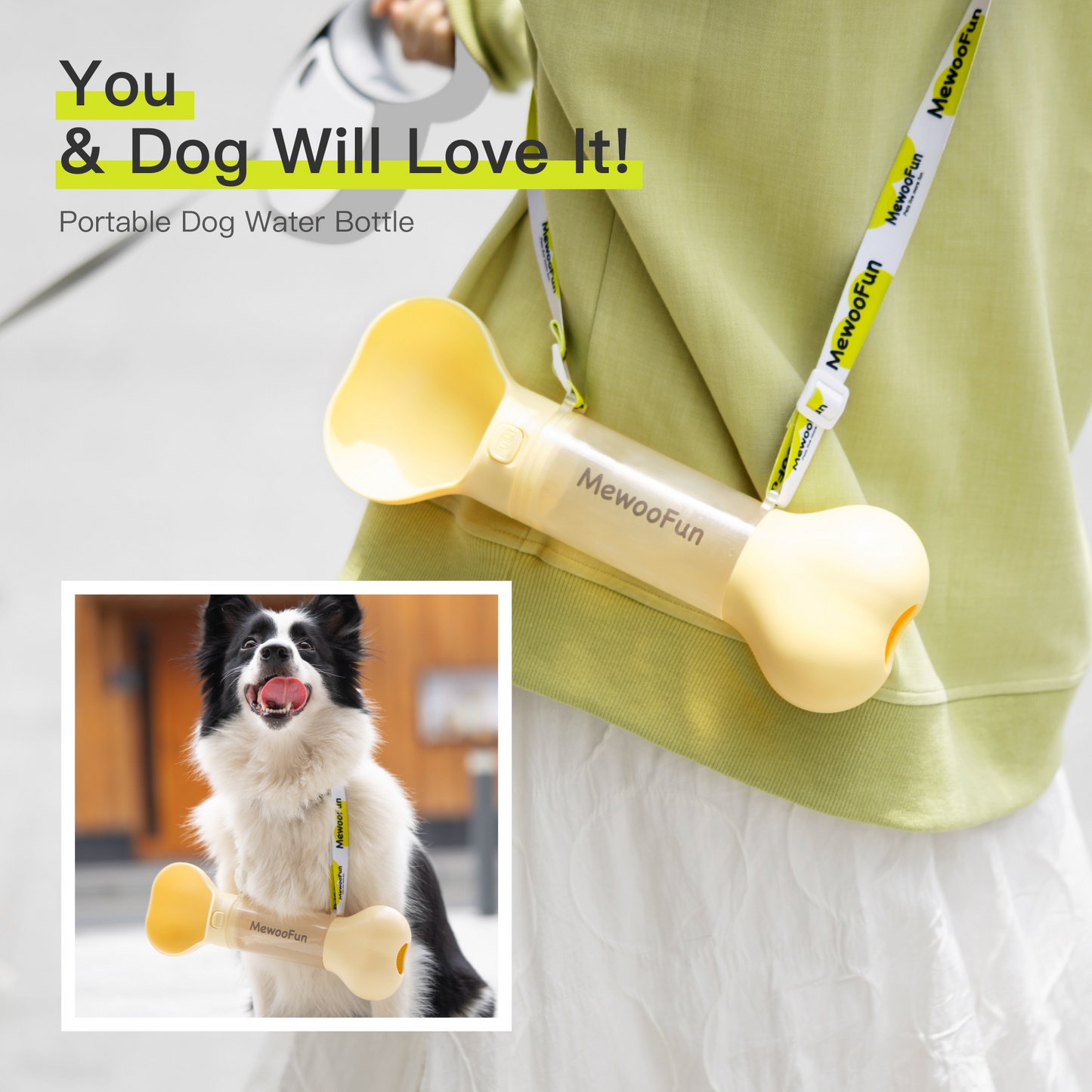 Mewoofun Travel Dog Water Bottle & Feeder – 2-in-1 Leak-Proof with Poop Bag Holder