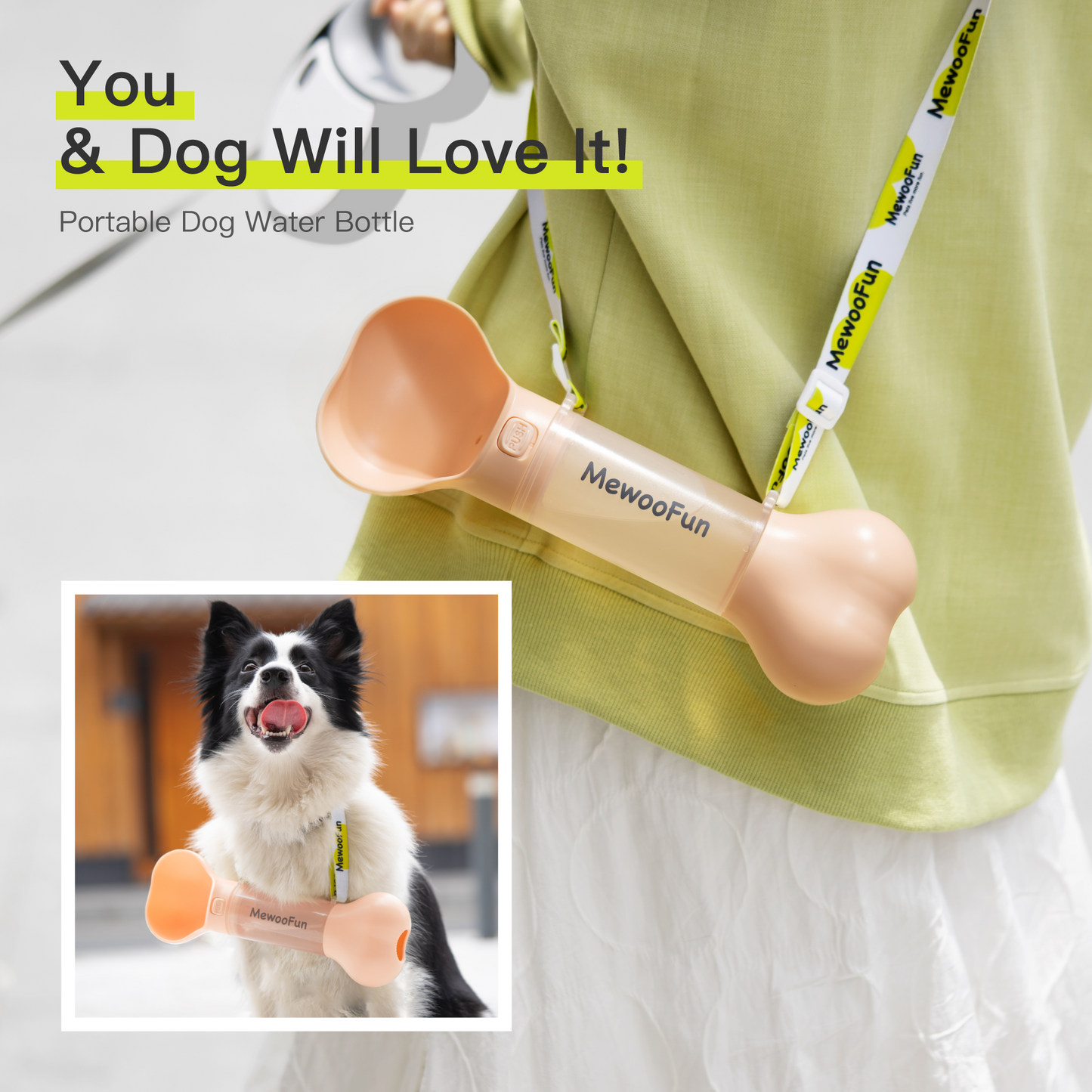 Mewoofun Travel Dog Water Bottle & Feeder – 2-in-1 Leak-Proof with Poop Bag Holder