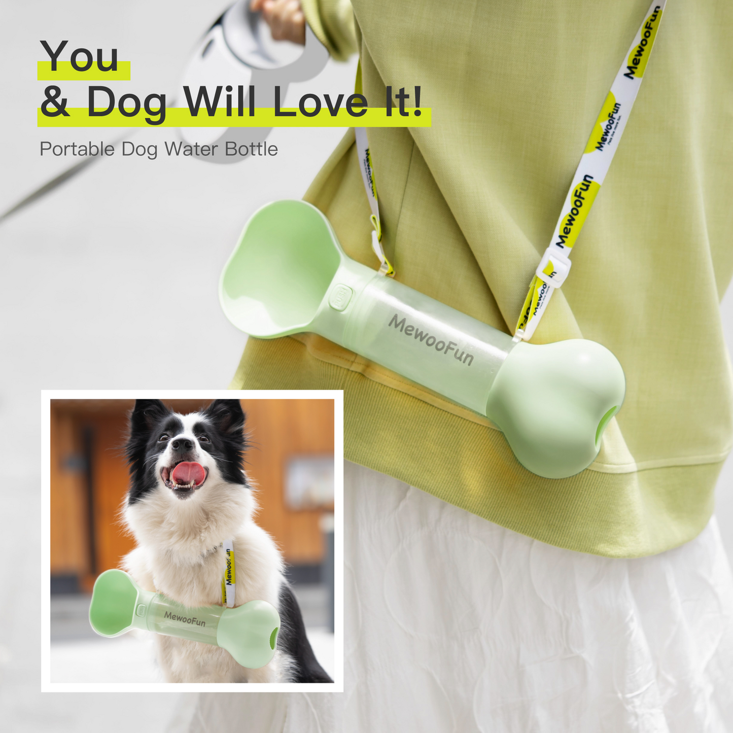 Mewoofun Travel Dog Water Bottle & Feeder – 2-in-1 Leak-Proof with Poop Bag Holder